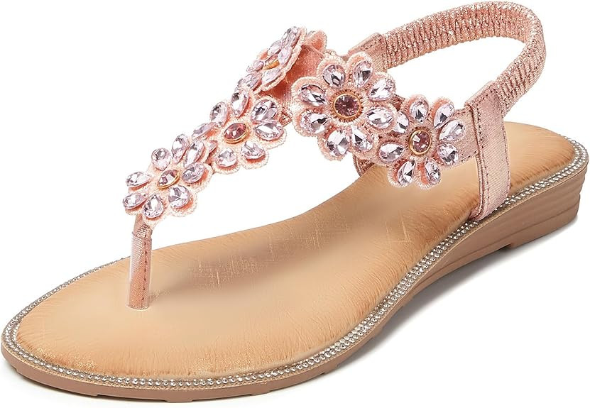 iCKER Women Sandals Rhinestone Dressy Casual Summer flat flip flops Comfortable Sandals | Amazon (US)