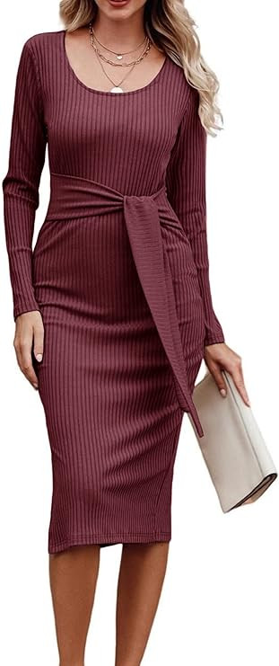 PRETTYGARDEN Womens Long Sleeve Square Neck Slit Bodycon Sweater Dress Tie Waist Ribbed Slim Fit ... | Amazon (US)