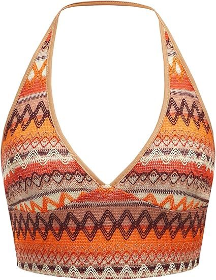 SOLY HUX Women's Boho Y2K Halter Top Chevron Print Backless Club Top Sexy Cami Crop Top for Women | Amazon (US)