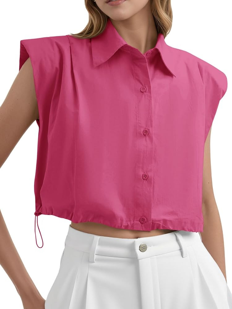 Tankaneo Womens Sleeveless Button Down Shirts Casual Loose V Neck Pad Shoulder Crop Tank Top | Amazon (US)