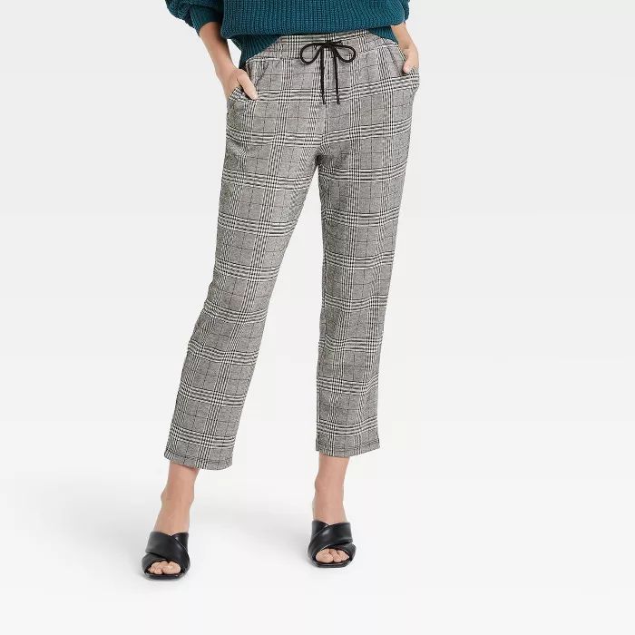 Women&#39;s Plaid High-Rise Knit Drawstring Ankle Pull-On Pants - A New Day&#8482; Gray L | Target