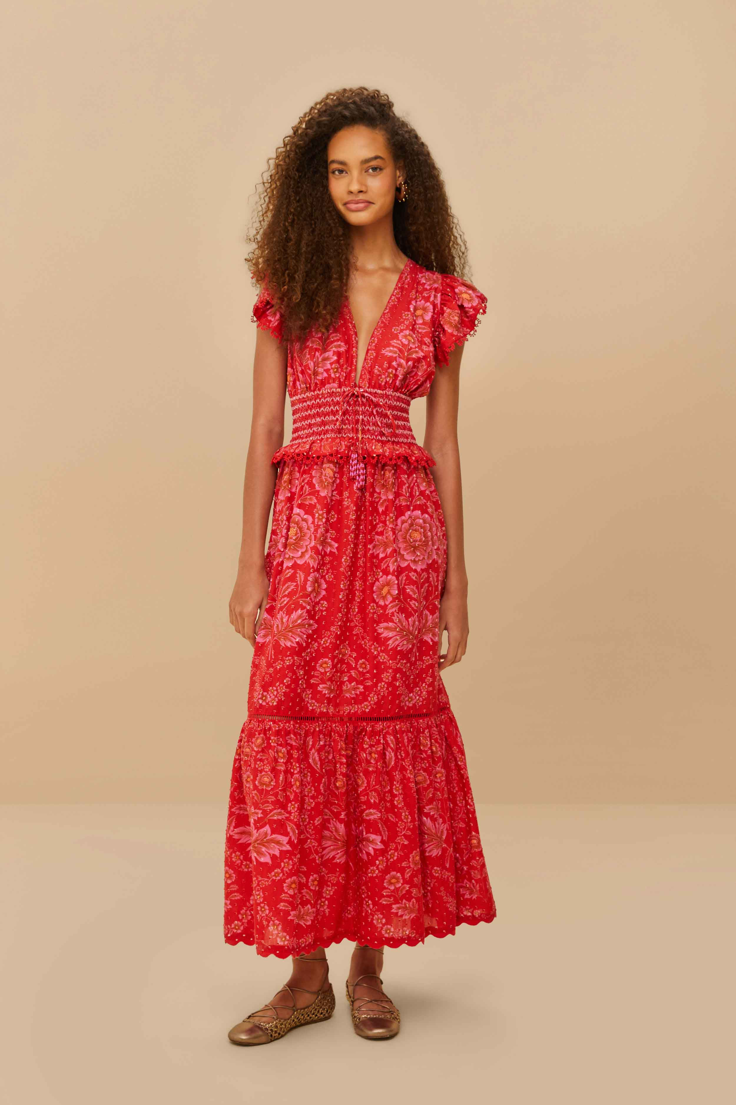 Red Olivia Lace Maxi Dress, OLIVIA RED / M | FarmRio (US)