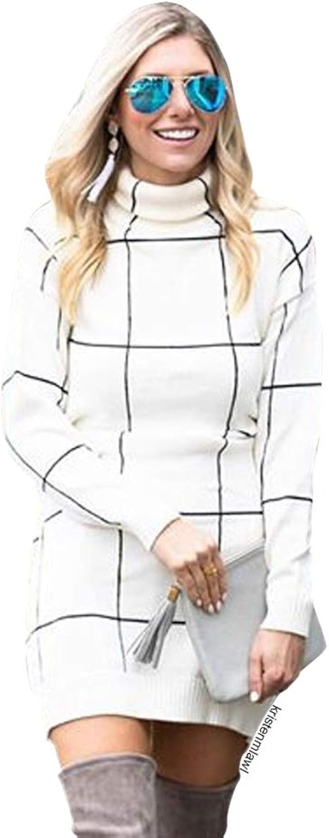 Chicwish Women's Comfy Casual Long Sleeve Cream Grid Turtleneck/Round Neck Knit Top Pullover Swea... | Amazon (US)