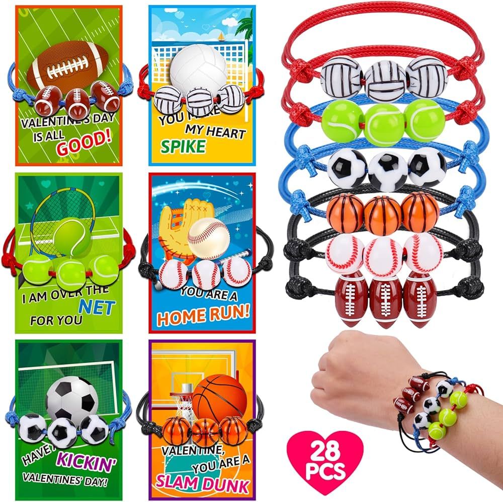 AugToy 28Pack Valentines Day Card for Kids Sports Adjustable Ball Charm Bracelets Toys Valentine ... | Amazon (US)