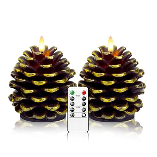 kakoya Pine Cone Flameless Candles with Remote,2 Pcs Brown Real Wax LED Flickering Candles Battery Operate for Home Decoration Christmas Gifts(D2.75 xH4.72) | Amazon (US)