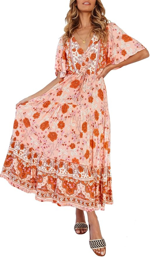 ZESICA Women's Bohemian Floral Print Sexy V Neck Short Sleeve Flowy Beach Party Maxi Dress | Amazon (US)