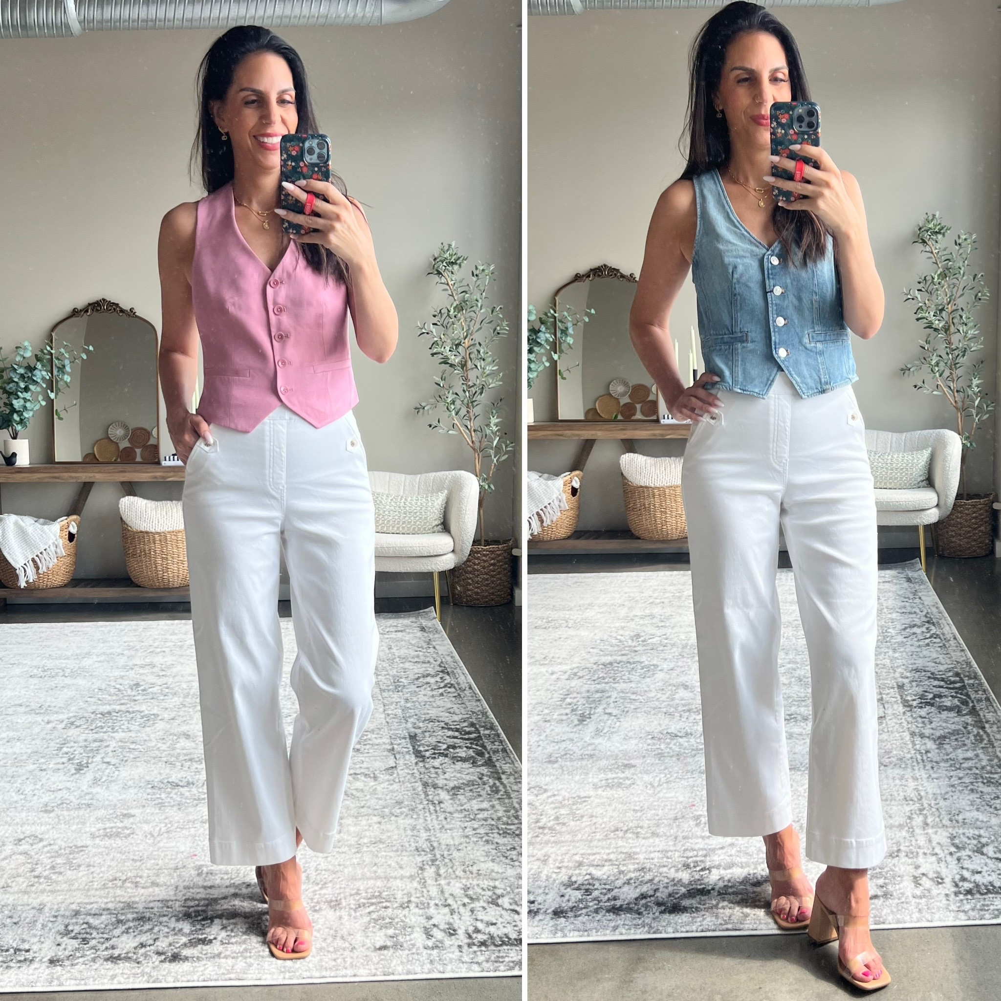 Denim vest - small 
Pink linen vest - small 

Spanx white wide leg pants 
Small tall 
BALANCEDSTYLEXSPANX 

#ltkstyletip 
#ltkseasonal #ltkfind 

#LTKunder100 #LTKU #LTKsalealert