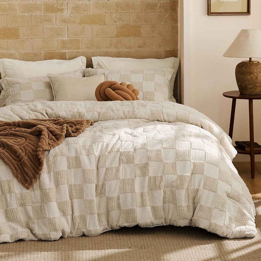 Bedsure Queen Size Comforter Set Beige, Boho Tufted Bed Set, Checkered Farmhouse Shabby Chic Bedd... | Amazon (US)