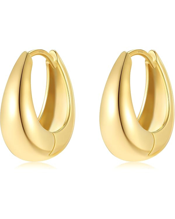Small Chunky Gold Hoops Teardrop Huggie Earrings 925 Sterling Silver Post 14k Gold Plated Oval Th... | Amazon (US)