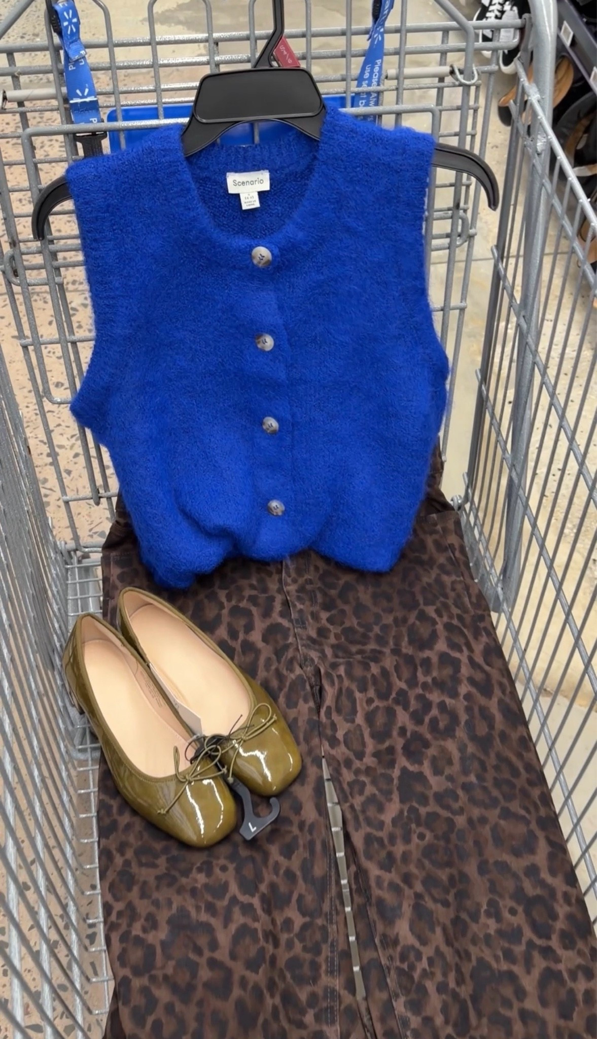 Walmart fall outfit idea with cobalt blue sweater vest, leopard print jeans and olive green shoes. I’m a small in the top. Jeans fit tts. #walmartfashion

#LTKWorkwear