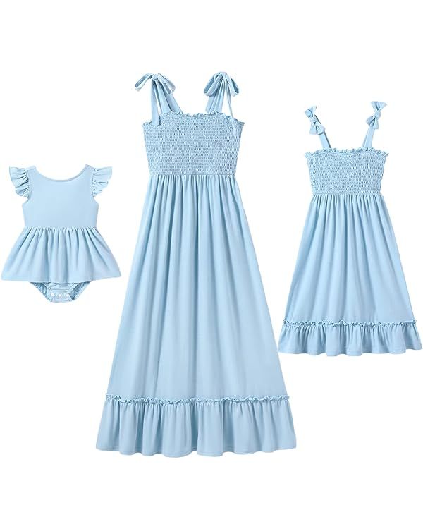 IFFEI Mommy and Me Dresses Summer Matching Outfits Spaghetti Strap Square Neck Ruffle A Line Beac... | Amazon (US)