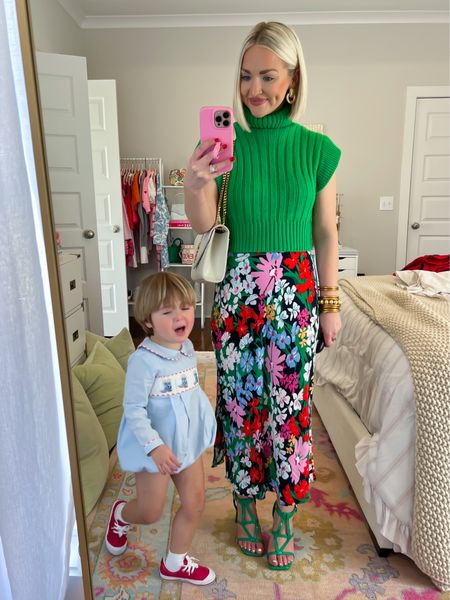 Spring Church outfit / spring outfit / colorful spring outfit / floral print midi skirt / green sweater
Top: XS, Skirt: XS 

#LTKVideo #LTKkids #LTKstyletip