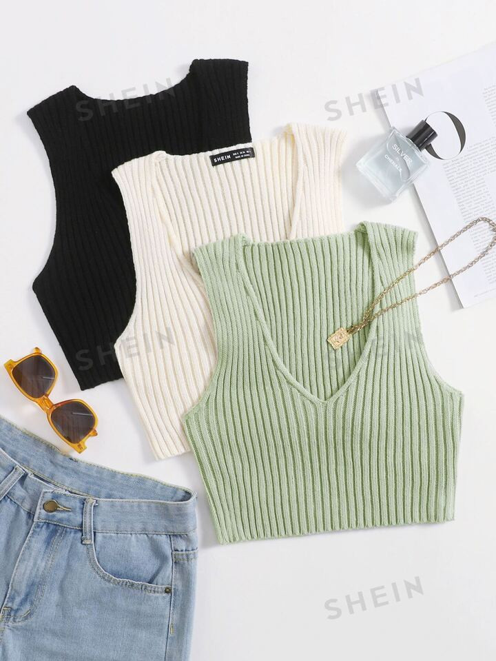 SHEIN EZwear 3pcs Plunging Crop Tank Knit Top | SHEIN