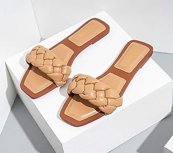 BeneModa Women's Square Open Toe Flat Sandals Slip On Mule Slides Braided Strap Slipper Vacation ... | Amazon (US)
