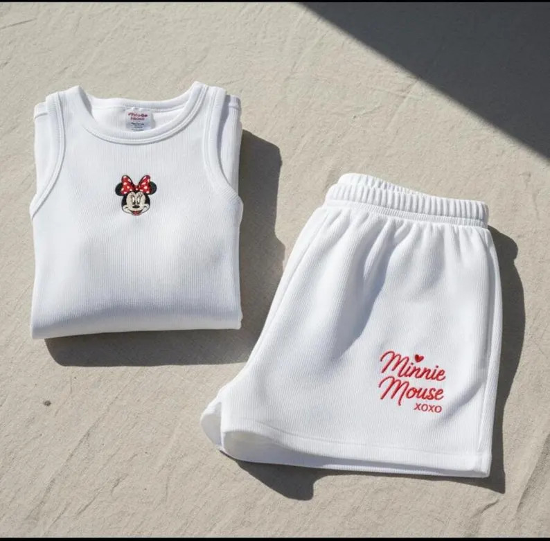 Embroidery Mickey Minnie Crop Set, Simple Mouse Brown Baby Tee, Ribbed Crop Tank and Shorts, Disn... | Etsy (Global)