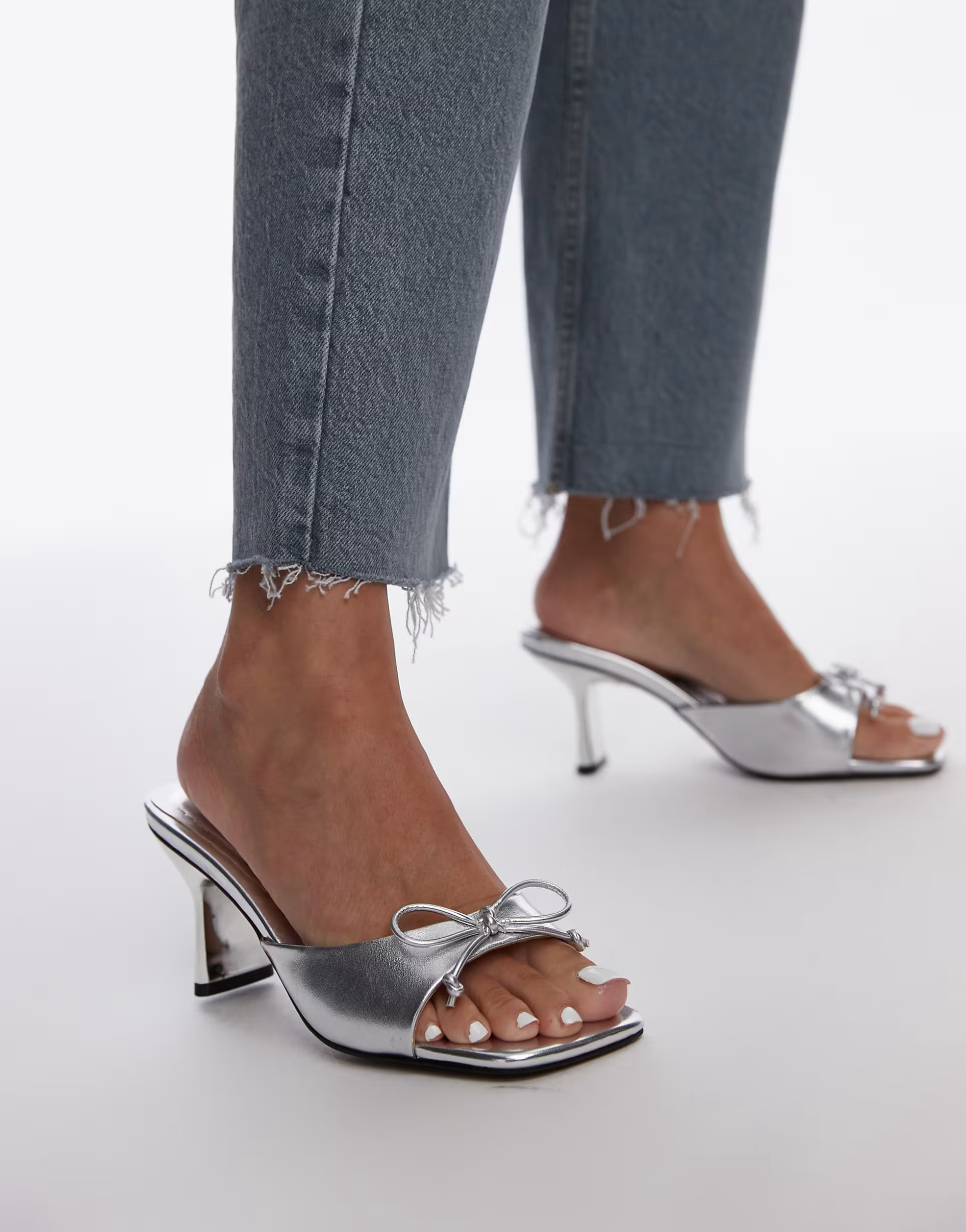 Topshop Wide Fit Gem heeled mules with bow in silver | ASOS (Global)