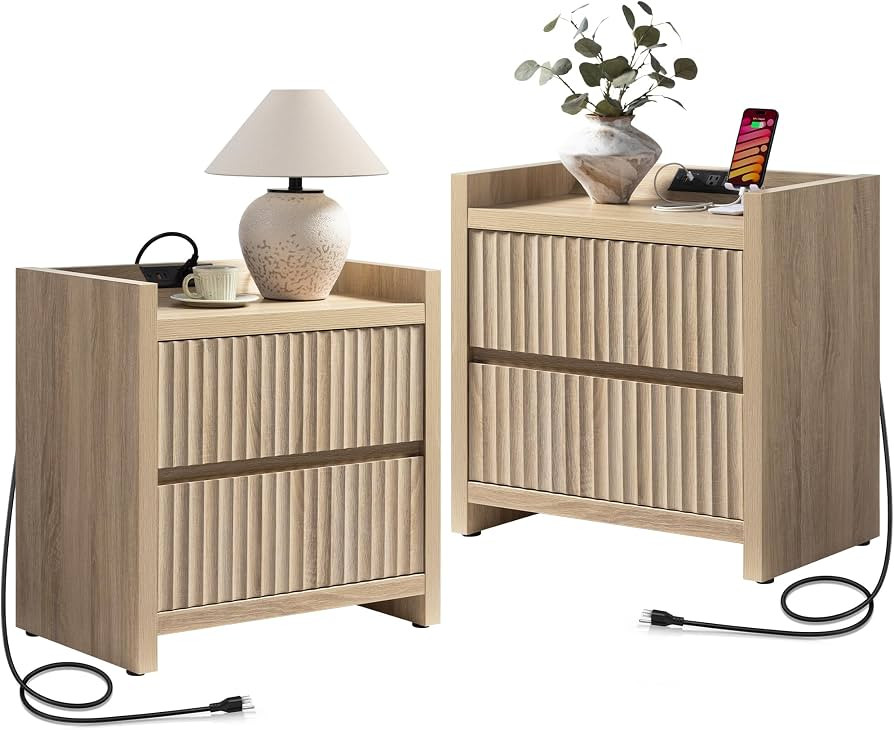 SICOTAS Night Stands Set of 2-Fluted Nightstands with Charging Station- Large Nightstand Bedside ... | Amazon (US)