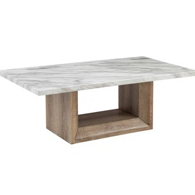 Contemporary Style Marble Coffee Table, Rectangular, Brown Wood Pedestal, Black + Scheme Modern Finish, Pedestal Base, Vibe | Wayfair North America