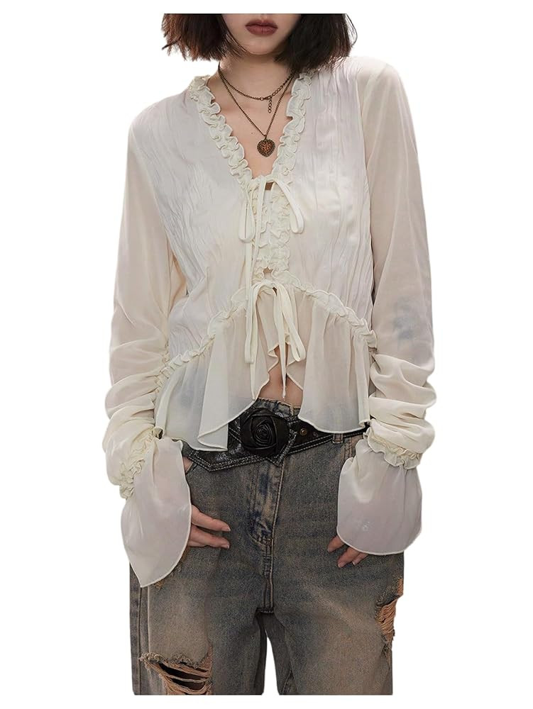 GORGLITTER Women's Bow Tie Front Sheer Mesh Ruffle Peplum Tops Long Sleeve Flounce Sleeve Frill V... | Amazon (US)