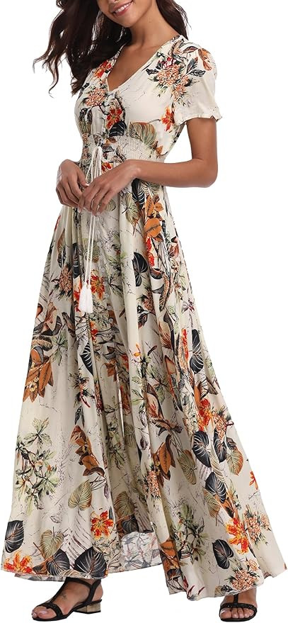 VintageClothing Women's Floral Maxi Dresses Boho Button Up Split Beach Party Dress | Amazon (US)