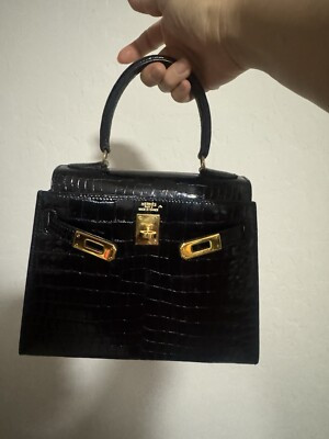 Hermes Mini Kelly 20 Black Porosus Crocodile Bag Gold Hardware Rare | eBay US