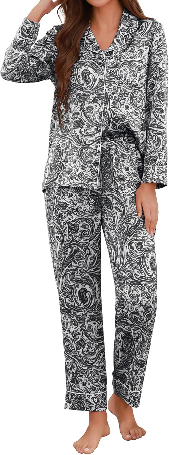 KCW Silk Pajamas Set for Women Satin Long Sleeve Pjs Long Pants with Pockets Classic Button Down ... | Amazon (US)