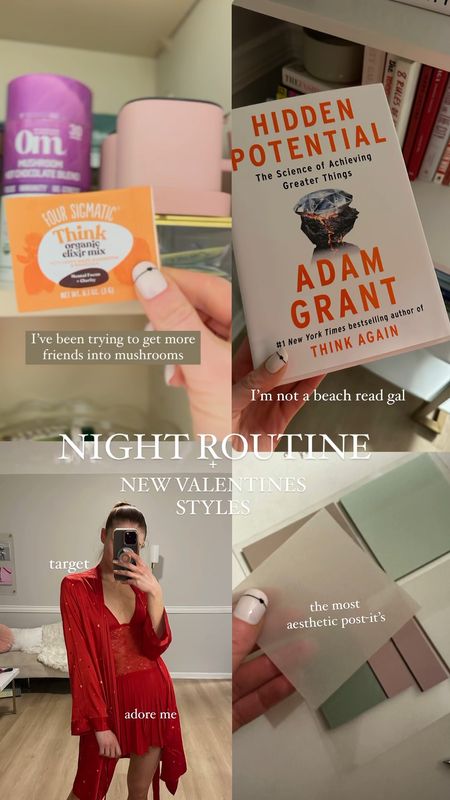 Nighttime wind down 
Mushroom based drinks 
Four sigmatic 
OM Mushroom 
Valentine’s Day pajamas lingerie 
Aesthetic office supplies 
Books - self betterment 
Adam Grant  

#LTKSeasonal #LTKfitness #LTKhome