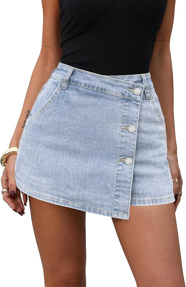 ELLEVEN Denim Mini Skorts Button Front High Waisted Stretch Asymmetrical Jean Skirt with Shorts | Amazon (US)