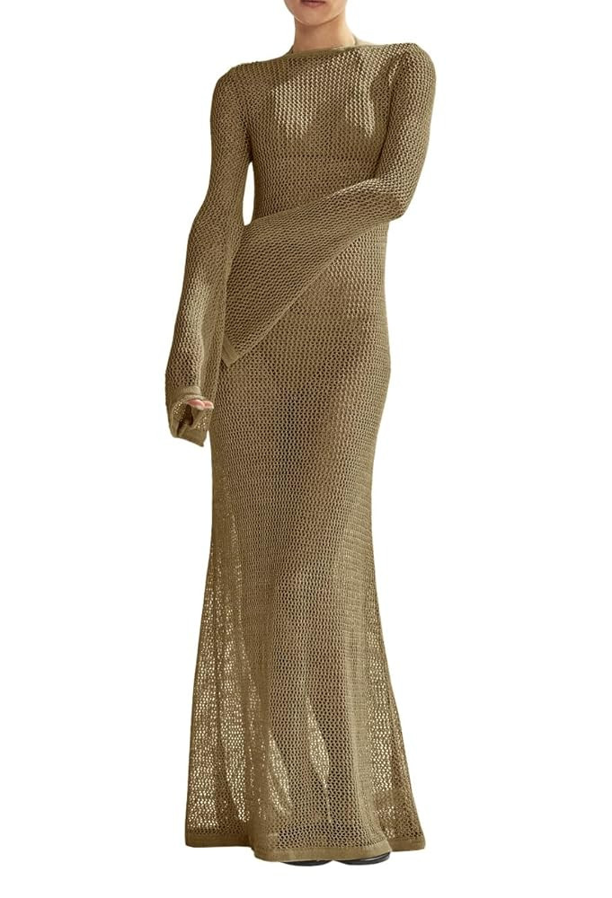 Saodimallsu Womens Crochet Cover Ups Long Sleeve Sexy Mesh Backless Knit Swimsuit Coverup Beach M... | Amazon (US)