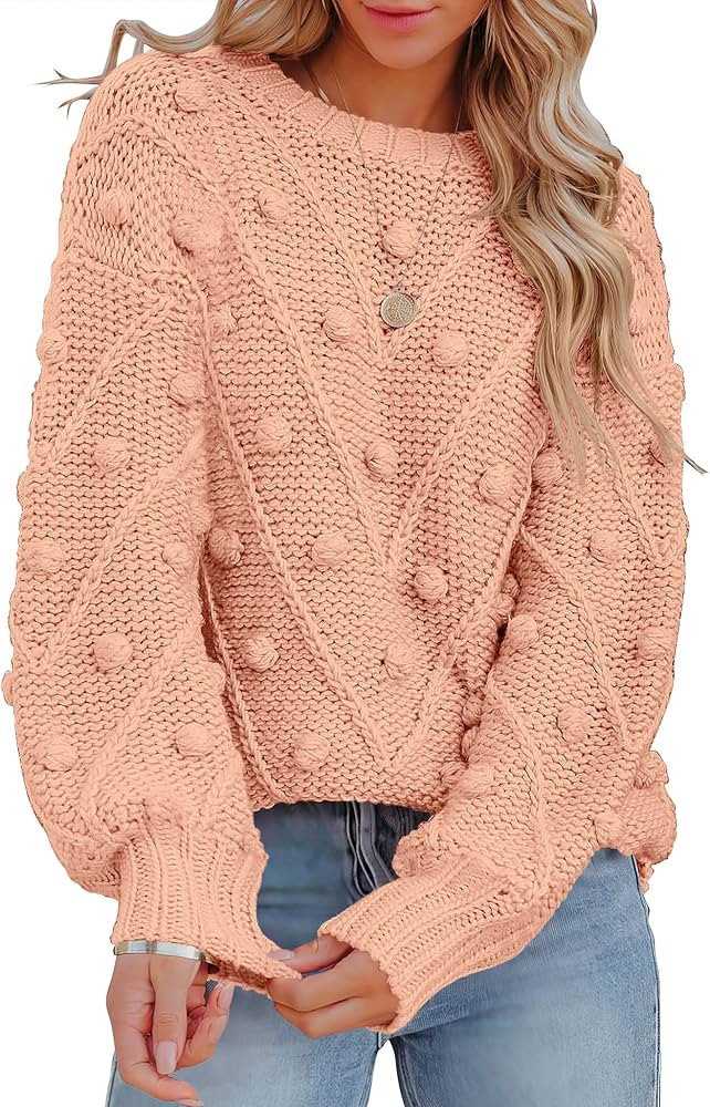 ANRABESS Women’s Crewneck Balloon Long Sleeve Cable Knit Chunky Cozy Oversized Pom Pullover Swe... | Amazon (US)