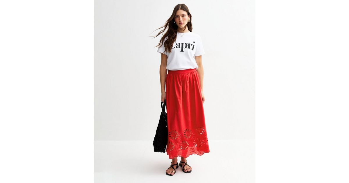 Red Embroidered Cutout Hem Midi Skirt | New Look | New Look (UK)