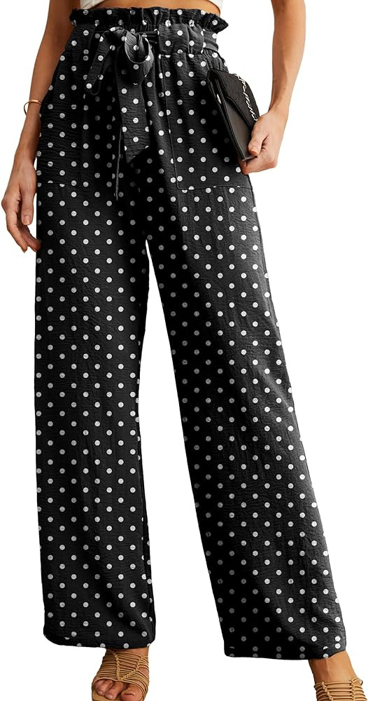 IWOLLENCE Women's Wide Leg Pants with Pockets High Waist Adjustable Knot Loose Casual Trousers Bu... | Amazon (US)