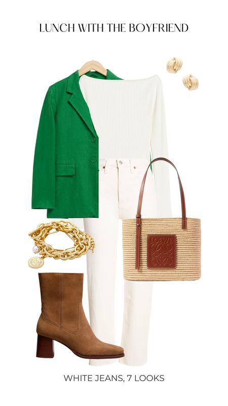 White denim jeans white top brown ankle booties and green blazer 

#LTKstyletip #LTKshoecrush #LTKitbag