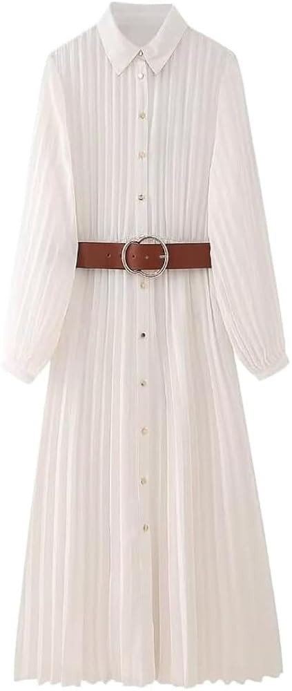 Women’s Spring, Summer Chic Flattering Midi Dress With Belt, Lapel, Long Sleeve Pleated Casual Dress | Amazon (US)