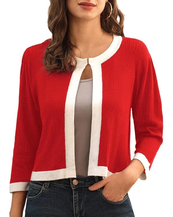 GRACE KARIN Lightweight Cropped Cardigans Sweaters Knitted Shrugs Casual Color Block Classy 3/4 S... | Amazon (US)