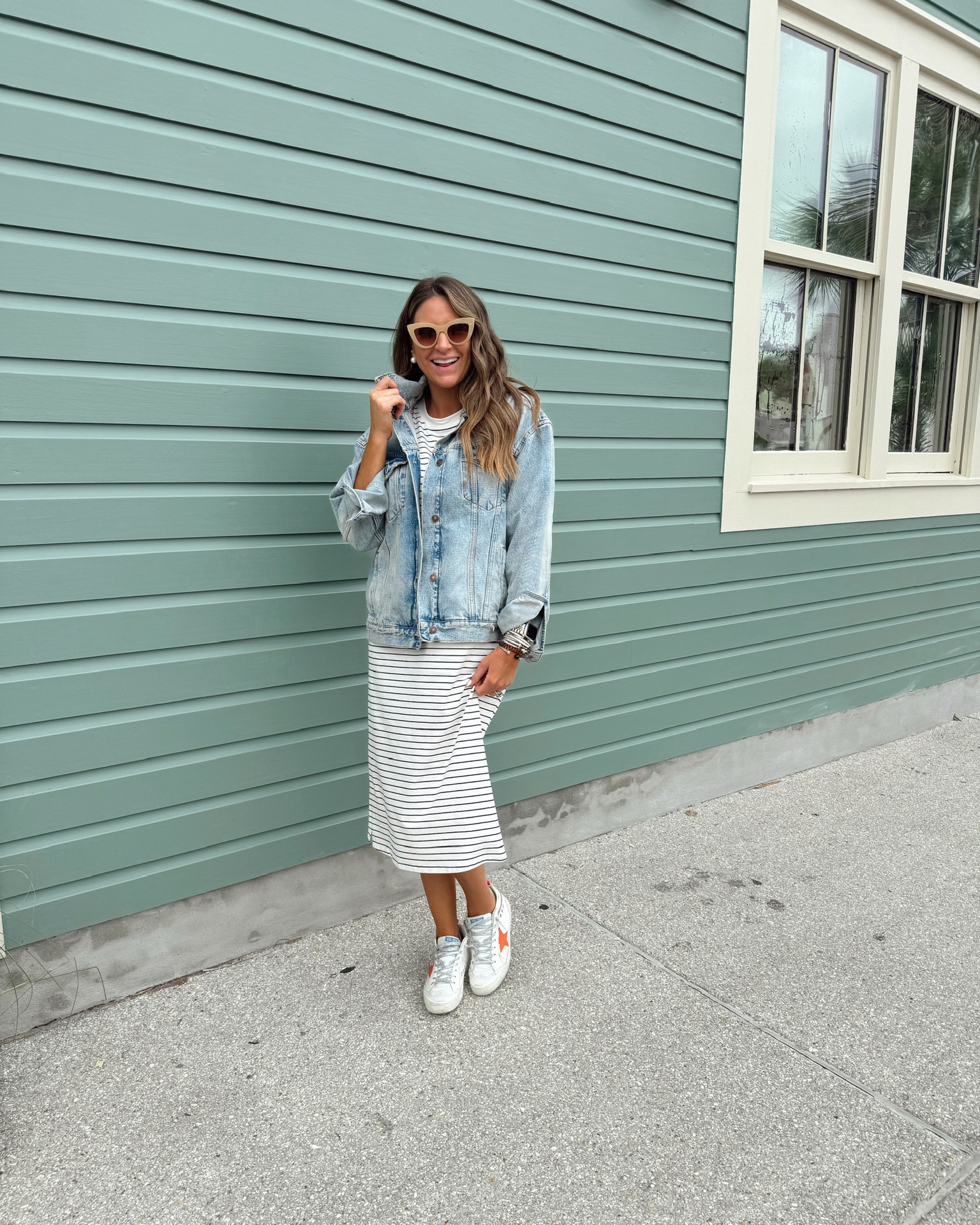 In a small stripe midi shirtdress, medium denim jacket, sneakers and accessories for spring - all fits TTS.

#LTKstyletip #LTKSeasonal #LTKfindsunder100