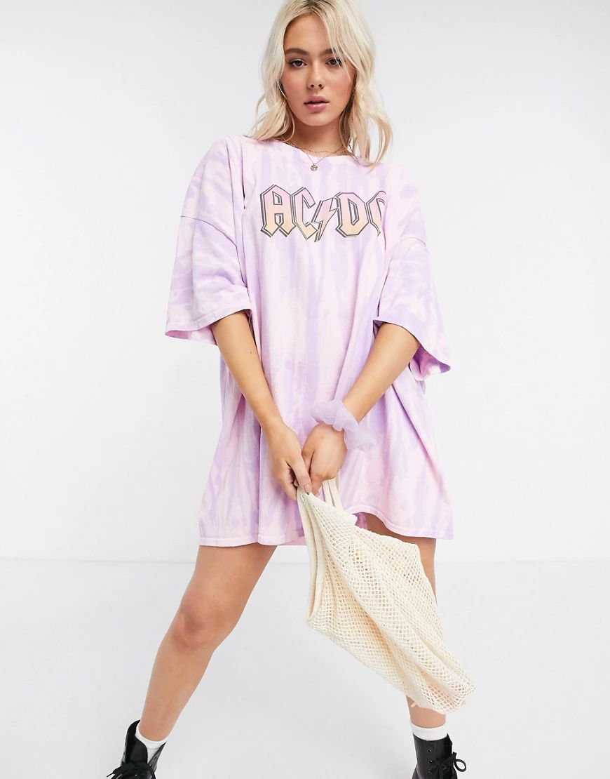Daisy Street oversized t-shirt dress with acdc graphic in tie dye-Purple | ASOS (Global)