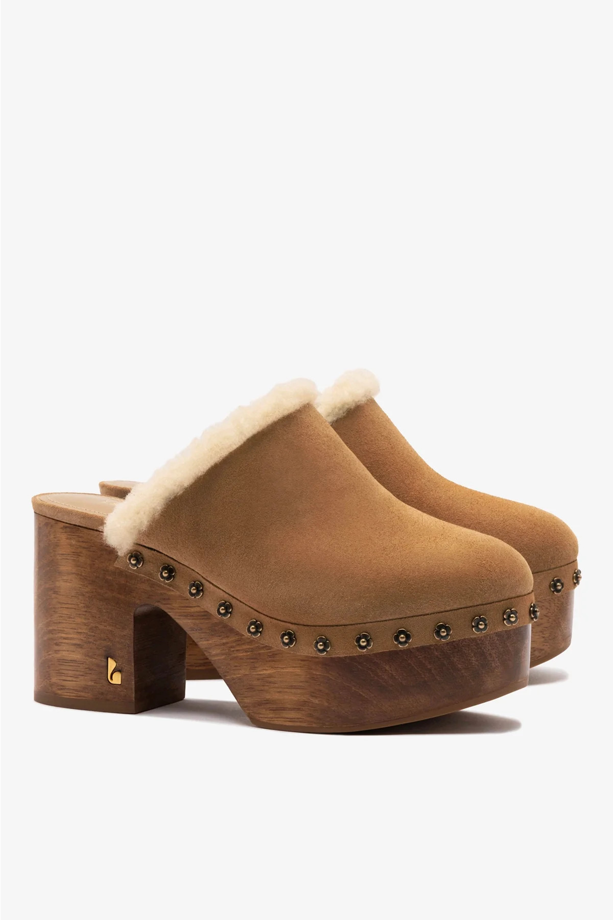 Miso Wooden Platform Clog In Peanut Suede And Natural Shearling | Larroude