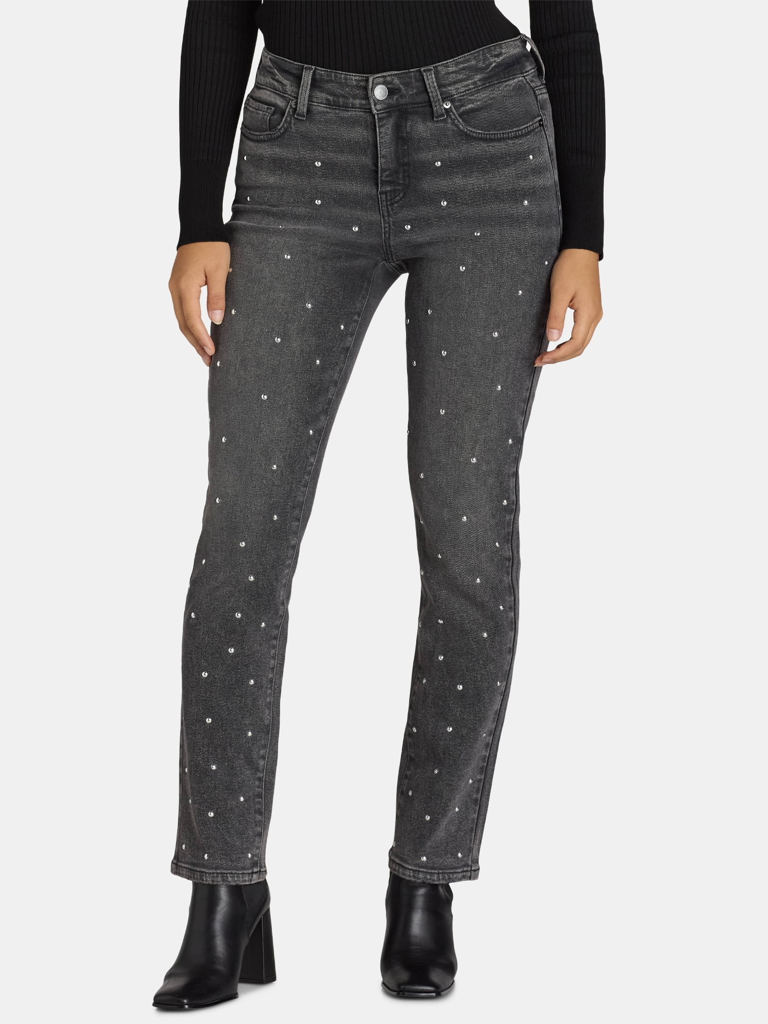 Time and Tru Women's All Over Front Embellishment Straight Leg Jeans, 30” Inseam, Sizes 2-20 | Walmart (US)