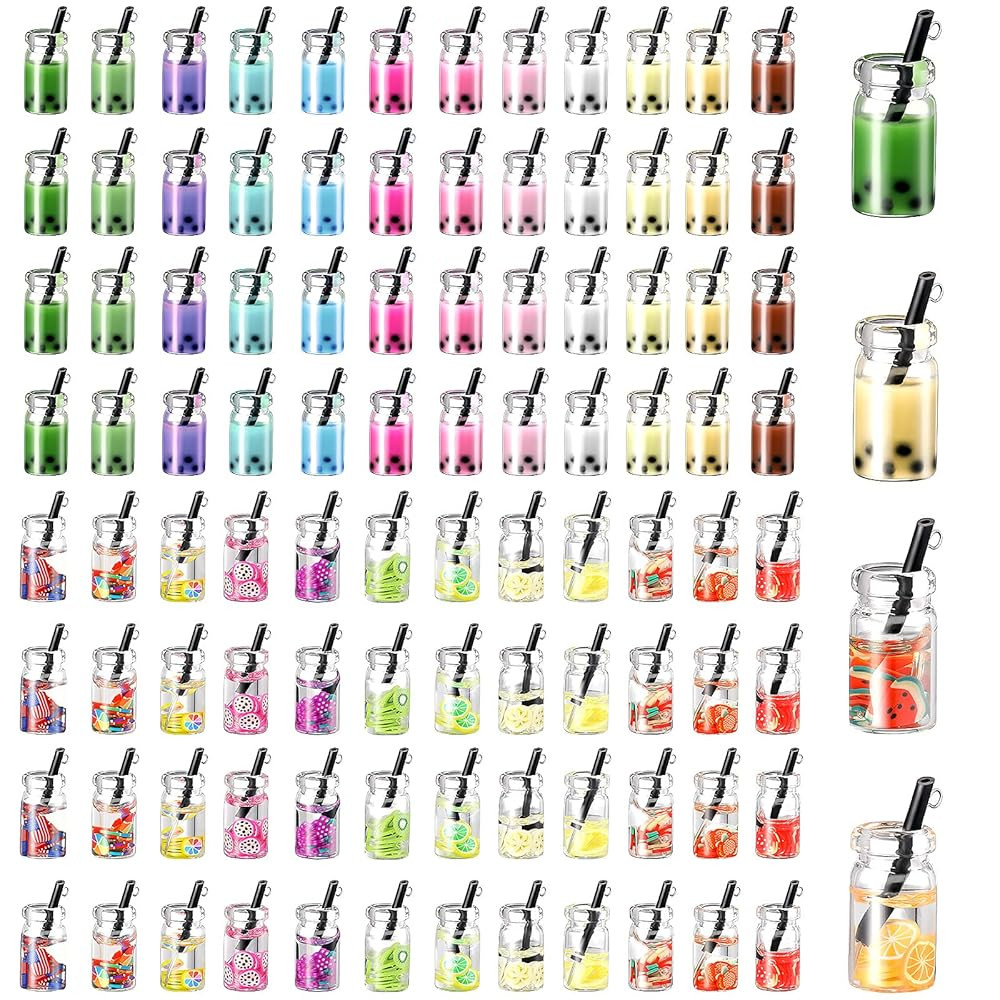 Hicarer 104 Pcs Milk Tea Charms Mini Colorful Bottle Charms Fruit Juice Pendant for DIY Jewelry C... | Amazon (US)