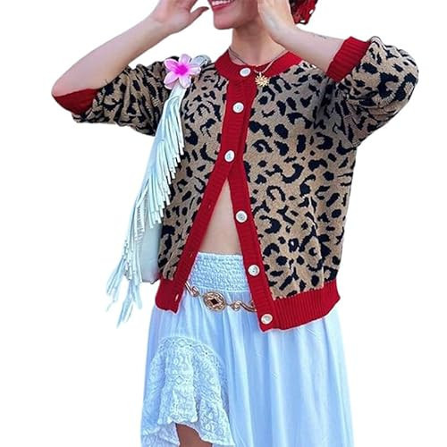 Women Y2K Leopard Cardigan Button Down Cheetah Print Knit Cardigans Sweater Open Front Crewneck Crop Jackets, Cute Red, Medium | Amazon (US)