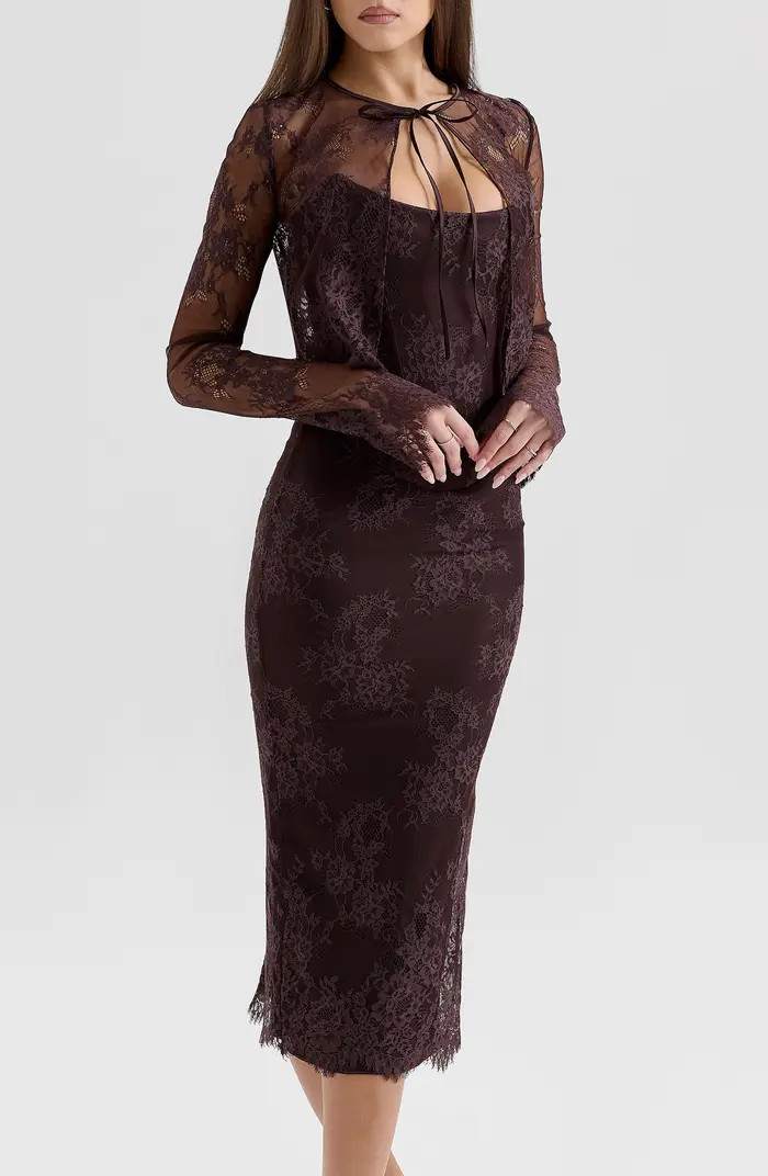 HOUSE OF CB Larra Lace Tie Neck Long Sleeve Midi Dress & Bolero Jacket | Nordstrom | Nordstrom