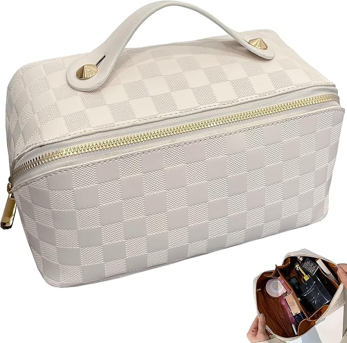 Checkered Makeup Bag Large Cosmetic Bag PU Leather Makeup Bag For Women Girls Travel Toiletry Bag... | Amazon (US)