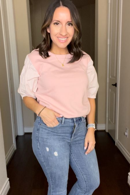 Puff sleeve light pink sweatshirt and jeans. 
Both run tts  

#LTKstyletip #LTKunder50