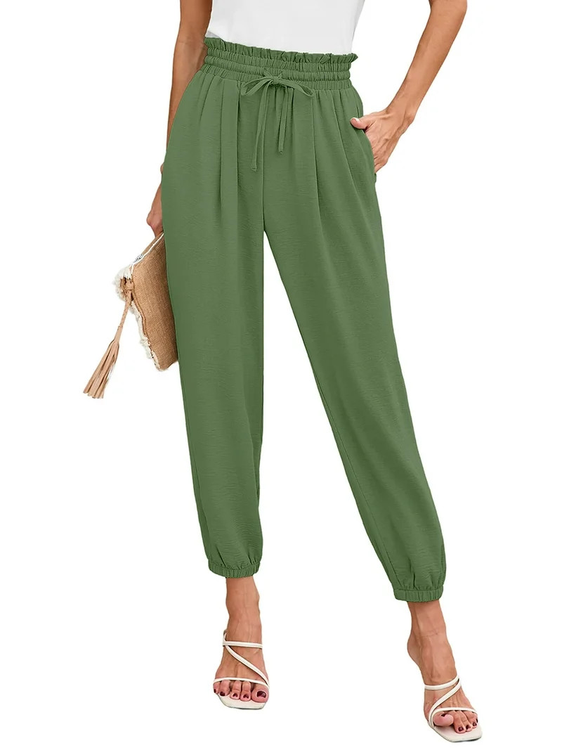 Chiclily Womens Elastic High Waist Pants Drawstring Work Trousers Joggers Trendy Harem Pants with... | Walmart (US)