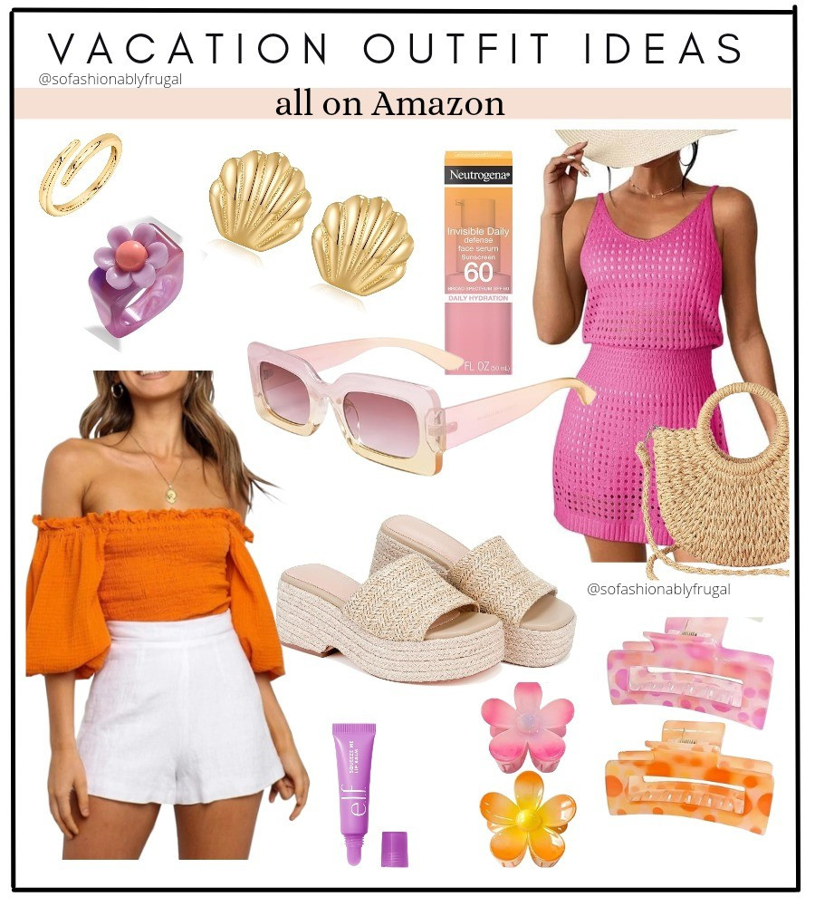 Amazon Prime Vacation Outfit Ideas

Colorful orange hot pink, hair clip, floral, straw sandal, platform, swimsuit cover-up, cruise, travel, coverup, gold jewelry, shell, summer, hot weather, sunglasses, straw bag, aesthetic, bright, Chunky ring, acrylic, elf, crochet, bohemian, pavoi

