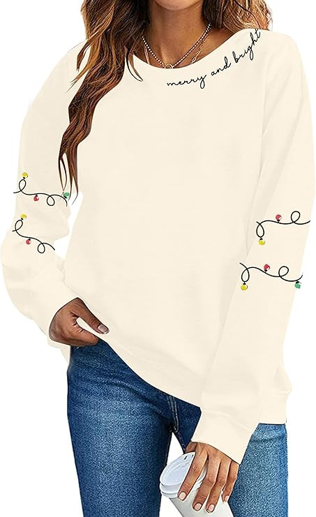 Christmas Sweatshirt Women Christmas Light Sweatshirts Merry And Bright Xmas Long Sleeve Shirts C... | Amazon (US)