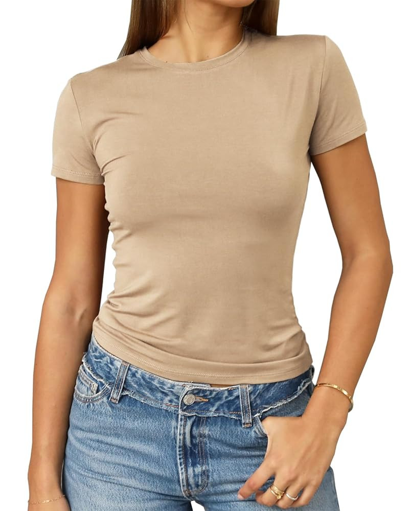 Abardsion Women's Casual Basic Going Out Crop Tops Slim Fit Short Sleeve Crew Neck Tight T Shirts... | Amazon (US)