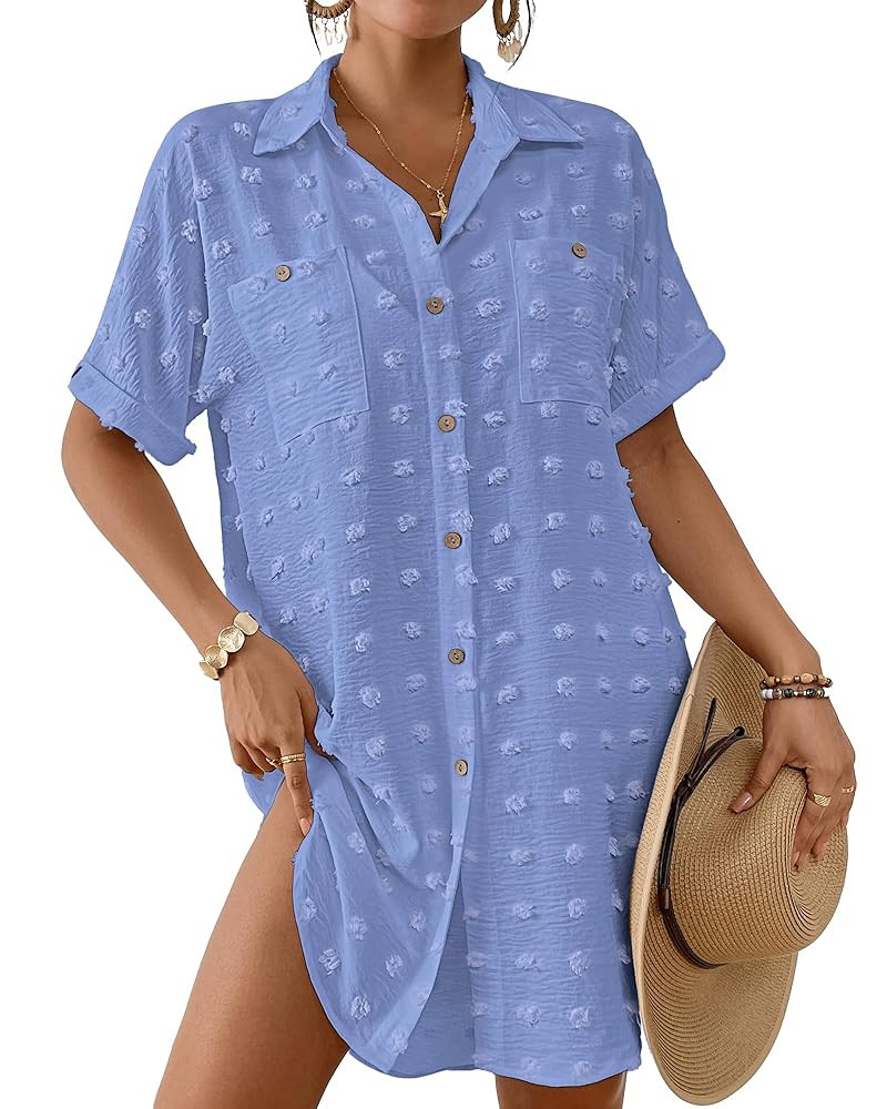Bsubseach Swimsuit Coverup for Women Swiss Dot Bathing Suit Swimwear Button Down Beach Shirt Cove... | Amazon (US)