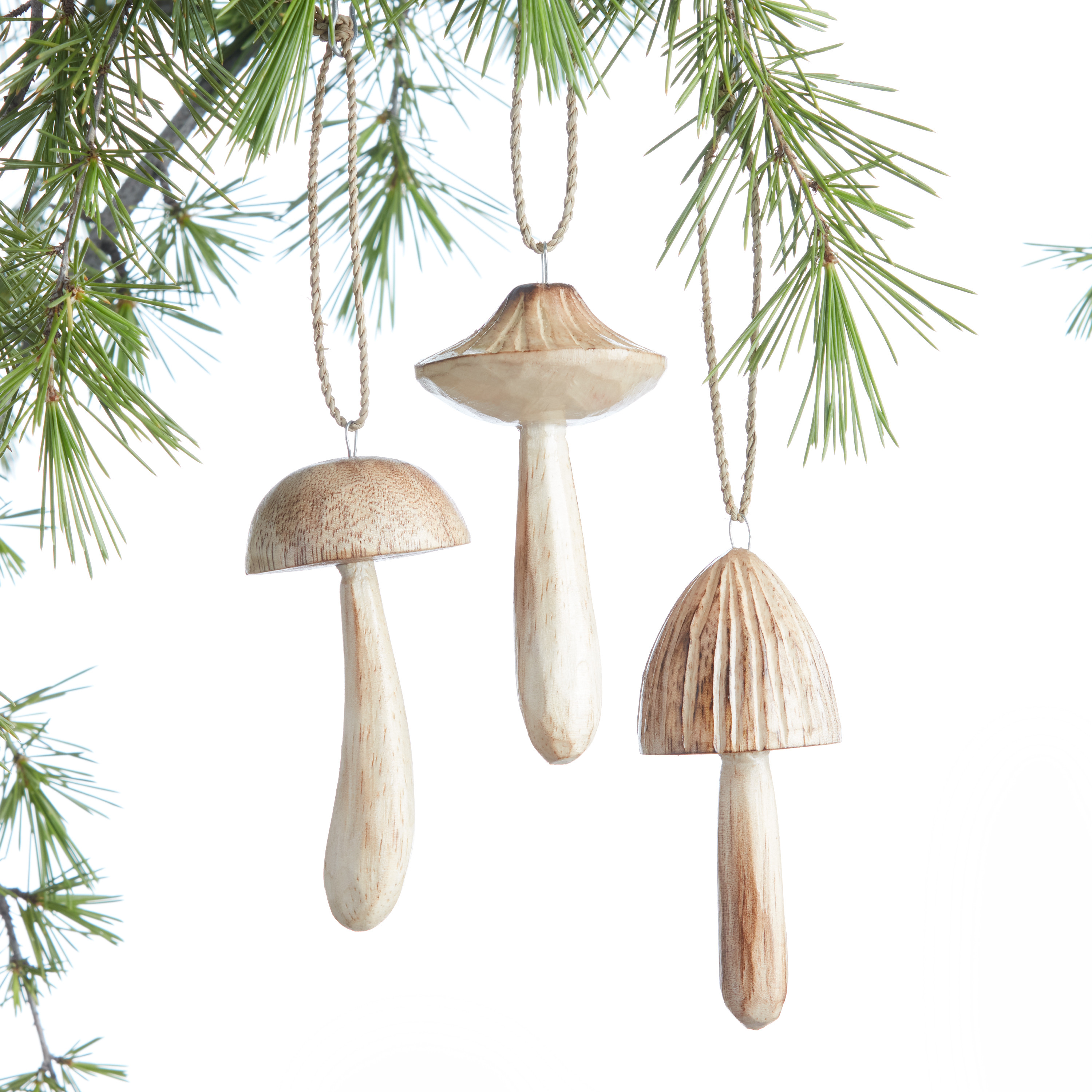 Carved Wood Mushroom Ornaments Set Of 3 | World Market